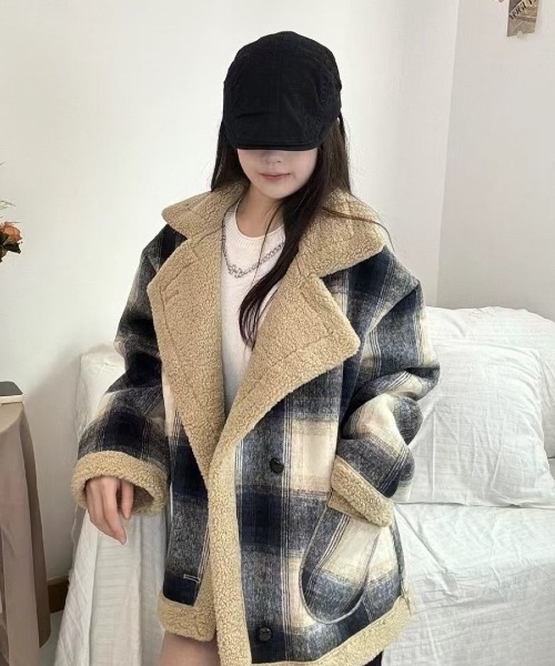 LETee ピーコート pコート チェック柄裏ボアPコート レディース