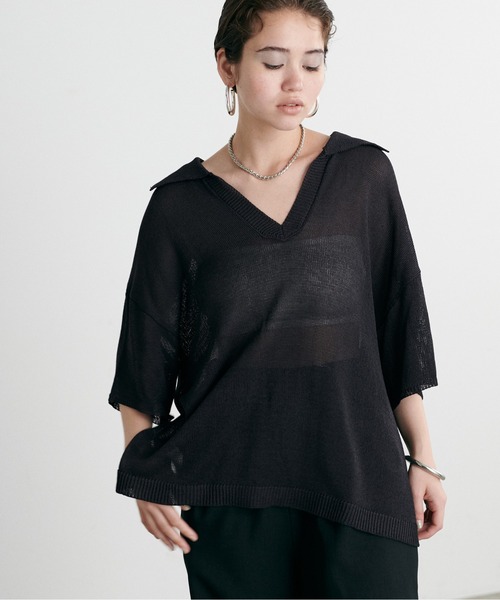 半袖でセーター LARUTA ニット セーター 「LARUTA」スキッパー半袖ニットプル