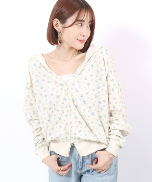 パーカー JEMORGAN（ジェーイーモーガン）フラワープリント 小花柄ワッフルサーマル ダブルジップアップパーカー レディース レディース JEMORGAN パーカー JEMORGAN（ジェーイーモーガン）フラワー