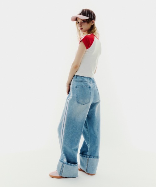 ann demeulemeester ホワイトデニムパンツ サイドライン ホワイトステッチカーブデニムパンツ(3244)