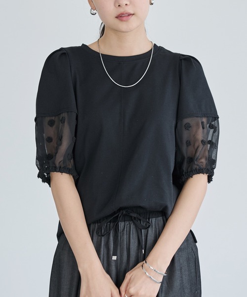 tシャツ ドットドビー切替パフスリーブプルオーバー レディース