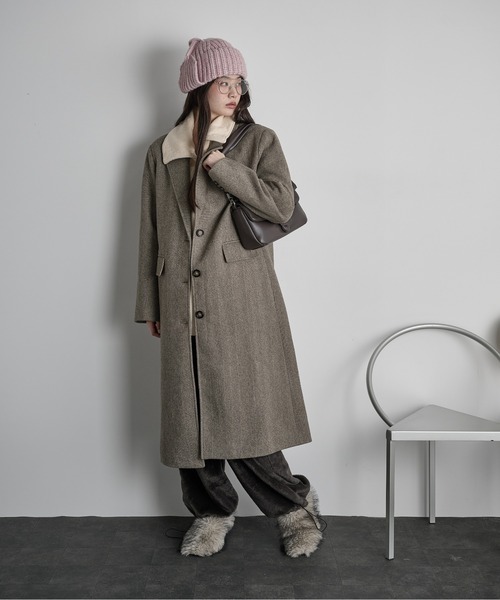 agnes b.(アニエスベー) ヘリンボーン ウール混 ツイード チェスターコート レディース FR：40 【中古】【ブランド古着バズストア】 THE Yon コート チェスターコート ヘリンボーンツイードチェスター