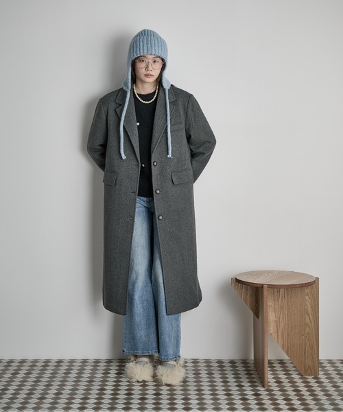 『ユナイテッドアローズ』ツイードチェスターコート ヘリンボーン XL 黒白 THE Yon コート チェスターコート ヘリンボーンツイードチェスター