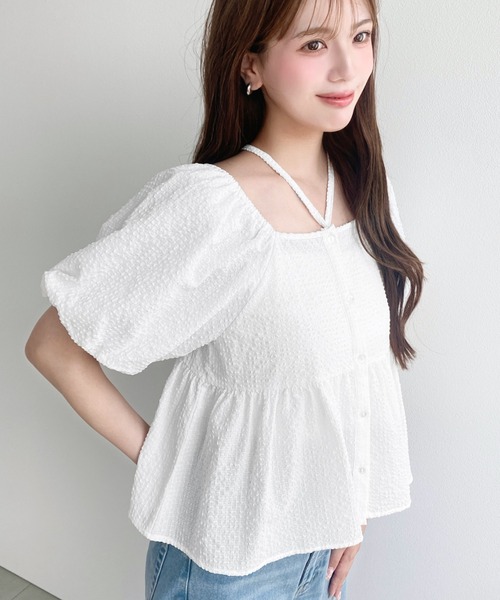 タグ付き♪ 新品♡ ella エラ バルーンスリーブブラウス♡ホワイト 半袖♪ moment+ ブラウス シャツ 半袖 チョーカー付き半袖バルーンスリーブ