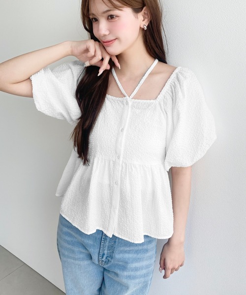 タグ付き♪ 新品♡ ella エラ バルーンスリーブブラウス♡ホワイト 半袖♪ moment+ ブラウス シャツ 半袖 チョーカー付き半袖バルーンスリーブ