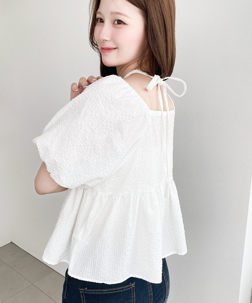 タグ付き♪ 新品♡ ella エラ バルーンスリーブブラウス♡ホワイト 半袖♪ moment+ ブラウス シャツ 半袖 チョーカー付き半袖バルーンスリーブ