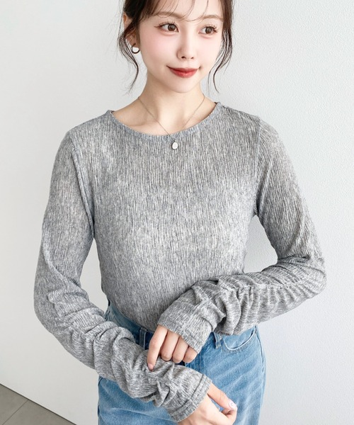 【グレー（07）】袖ギャザー長袖ブラウス moment+ tシャツ クルーネック袖ギャザー長袖シアークレープトップス