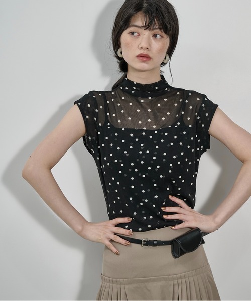 THE Yon tシャツ フレンチスリーブシアーハイネックトップス