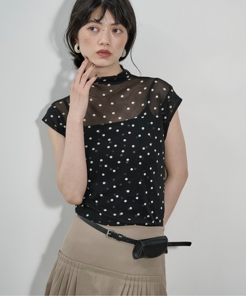 THE Yon tシャツ フレンチスリーブシアーハイネックトップス