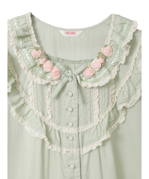 PINKHOUSEピンクハウス/ローズ柄ローンフリル半袖ロングワンピース　水色 PINK HOUSE（ピンクハウス） ワンピース 半袖 ローズモチーフいっぱい