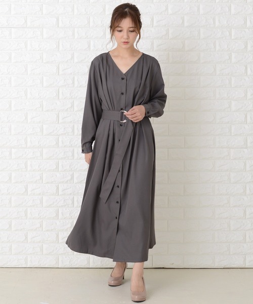 安心追跡【COAST】襟付きVネックベルト付きドレス Lace Ladies ワンピース Vネックベルト付き長袖ワンピースドレス