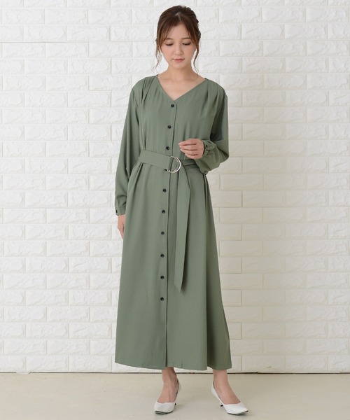 安心追跡【COAST】襟付きVネックベルト付きドレス Lace Ladies ワンピース Vネックベルト付き長袖ワンピースドレス