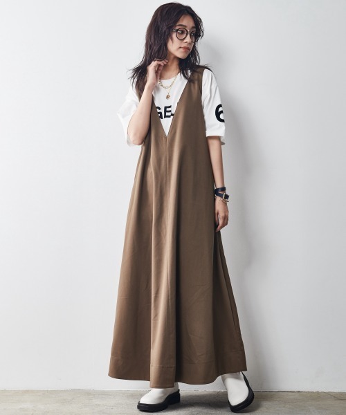 Vネック ロングワンピース CHIC STYLE ワンピース 「大きいサイズ」深VネックAラインロング