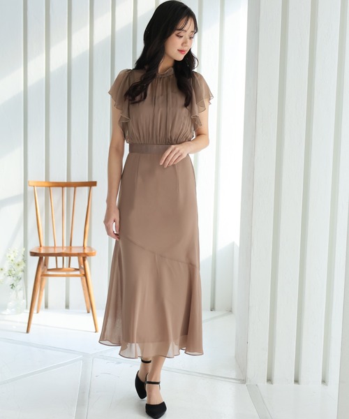 美品◆PourVous マーメイドパーティドレスMお呼ばれ 結婚式 オケージョン PourVous ドレス 袖あり＆ミモレ丈 パーティードレス マーメイド