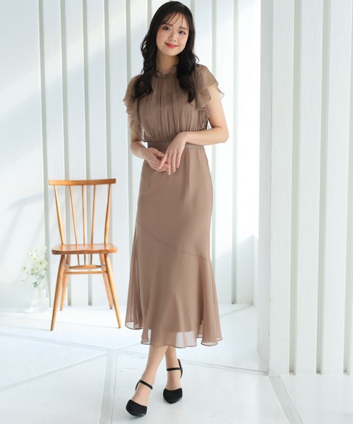 美品◆PourVous マーメイドパーティドレスMお呼ばれ 結婚式 オケージョン PourVous ドレス 袖あり&ミモレ丈 パーティードレス マーメイド