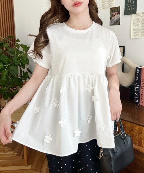 MARJOUR 異素材切り替えカットブラウス moment+ tシャツ フラワードット異素材切り替えプルオーバー