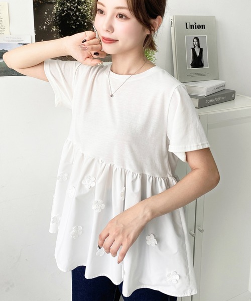 moment+ tシャツ フラワードット異素材切り替えプルオーバー