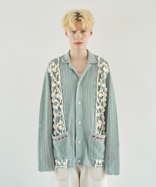 Camphor wood シャツ hand knit flower line Cuba shirt