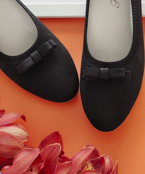 【極美品】Offen リボン ニット フラットシューズ パンプス 黒 24.5㎝ Tiaclasse パンプス 歩きやすい プチリボンニットフラットパンプス