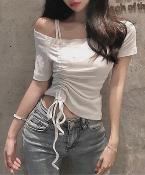 LADY LIKE(レディライク) tシャツ 半袖 ドローストリング肩見せ LADY LIKE(レディライク) tシャツ 半袖 ドローストリング肩見せ