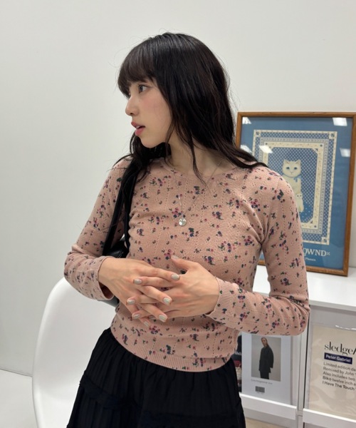 新品 KUOSE クオセ 花柄 セーター ニット トップス 韓国 総柄 ブラック ニット デイジー柄ニットトップス 花柄ニット セーター