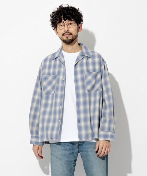 スリーフェイス オンブレチェック レーヨン オープンカラー シャツ FREAK'S STORE シャツ ブリーチ加工 オープンカラー オンブレ