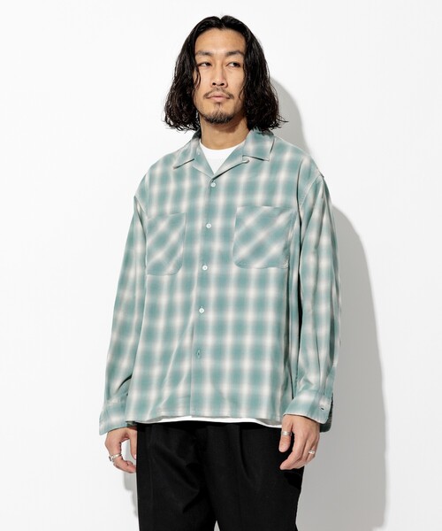 スリーフェイス オンブレチェック レーヨン オープンカラー シャツ FREAK'S STORE シャツ ブリーチ加工 オープンカラー オンブレ