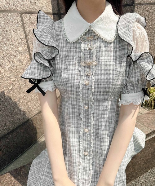 ROJITA ワンピース ダブルリボンツイード半袖ワンピース
