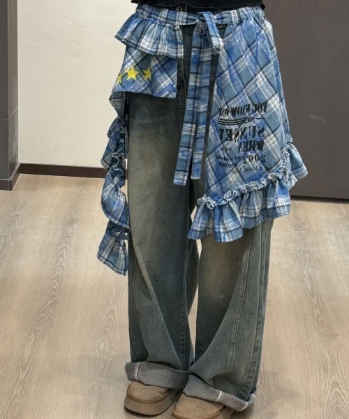 韓国 3点セット デニム ジャンスカ チェック柄シャツ スカート 2b9da57d2438a6518aeeaa1e884fd3
