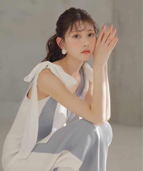 バイカラー リボン ノースリ ワンピース シャツワンピ rienda ワンピース 「AKB48千葉恵里さん着用」バイカラーリボン