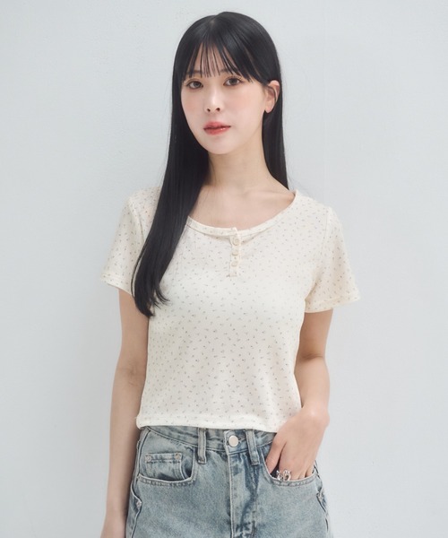tシャツ USEDサーマル小花プリント ヘンリーネックTシャツ レディース AMBIDEX Store ○USEDサーマル小花プリント ヘンリーネックT