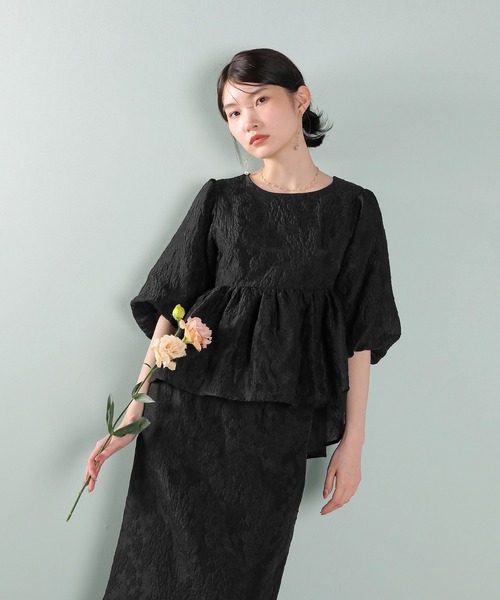 Kana ドレス ジャガード バルーン スリーブ ブラウス Iラインスカート2