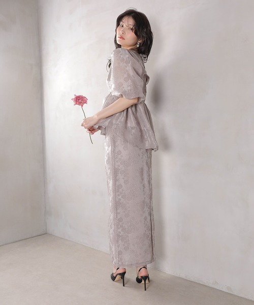 Kana ドレス ジャガード バルーン スリーブ ブラウス Iラインスカート2