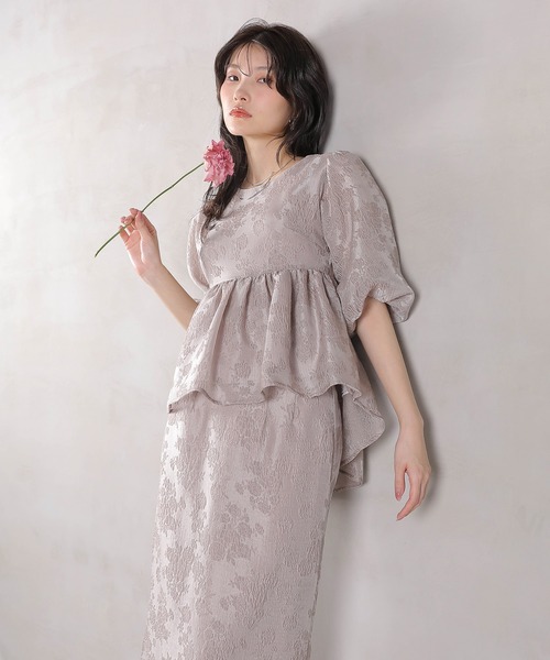 Kana ドレス ジャガード バルーン スリーブ ブラウス Iラインスカート2