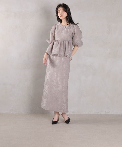 Kana ドレス ジャガード バルーン スリーブ ブラウス Iラインスカート2