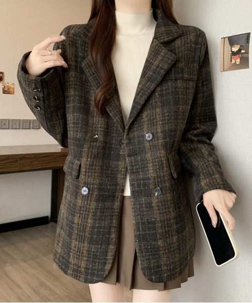 Oblada チェック柄ブレザージャケット メール便】ダブルテーラードジャケット レディース 秋 冬 チェック
