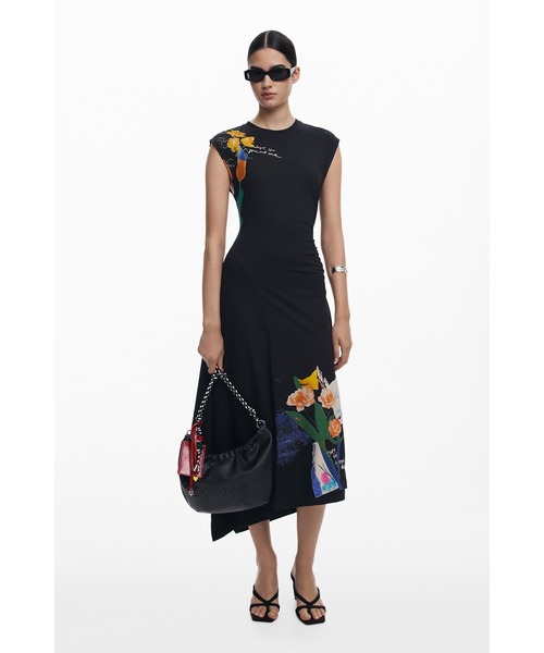 デシグアル 花柄 アシンメトリー ワンピース ロング ブラック 赤 M Desigual（デシグアル） ワンピース 花柄のアシンメトリードレス