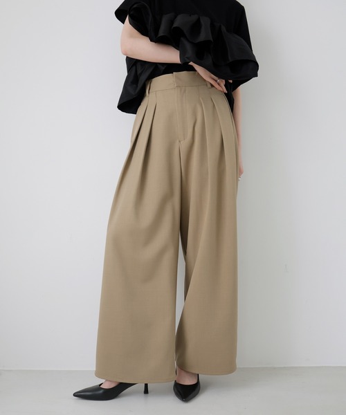 ワイドパンツ スラックス パンツ 「セットアップ対応」ツータックドレープワイドパンツ レディースの画像