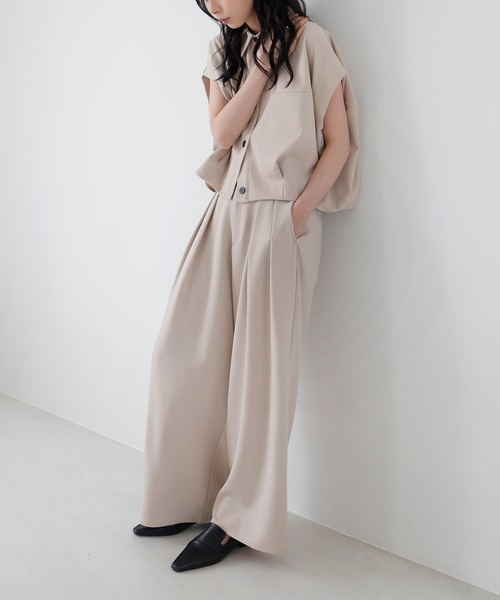 ワイドパンツ スラックス パンツ 「セットアップ対応」ツータックドレープワイドパンツ レディースの画像