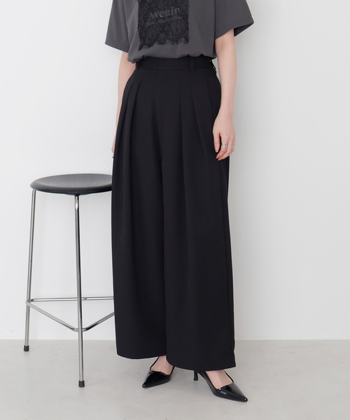 ワイドパンツ スラックス パンツ 「セットアップ対応」ツータックドレープワイドパンツ レディースの画像