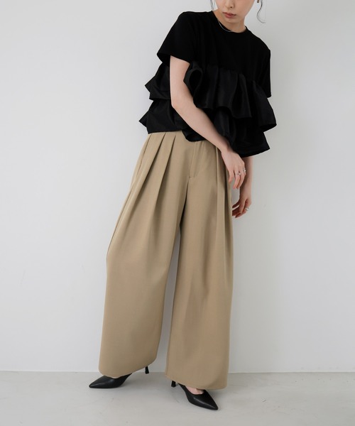 ワイドパンツ スラックス パンツ 「セットアップ対応」ツータックドレープワイドパンツ レディースの画像