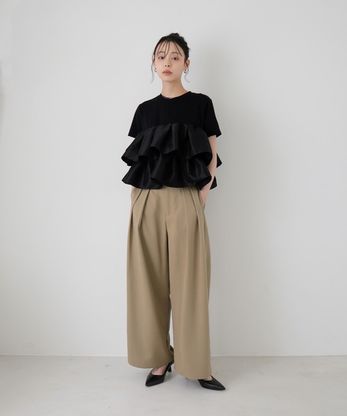ワイドパンツ スラックス パンツ 「セットアップ対応」ツータックドレープワイドパンツ レディースの画像