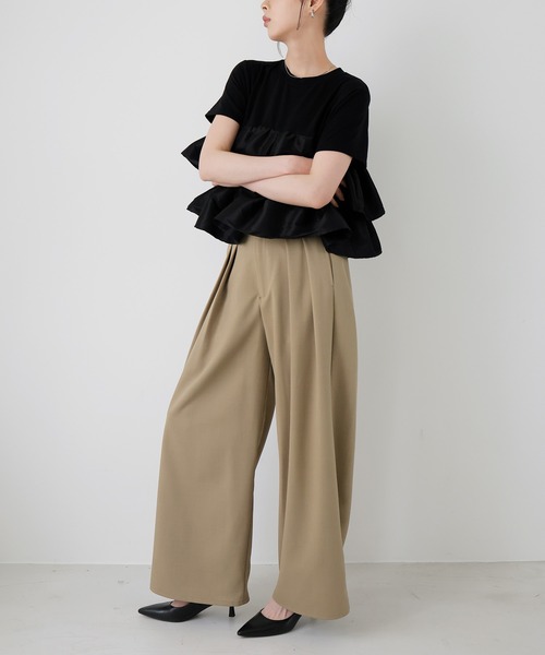 ワイドパンツ スラックス パンツ 「セットアップ対応」ツータックドレープワイドパンツ レディースの画像