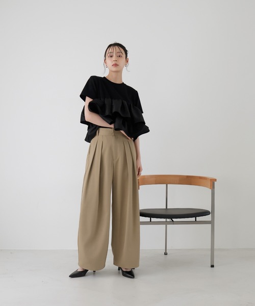ワイドパンツ スラックス パンツ 「セットアップ対応」ツータックドレープワイドパンツ レディースの画像
