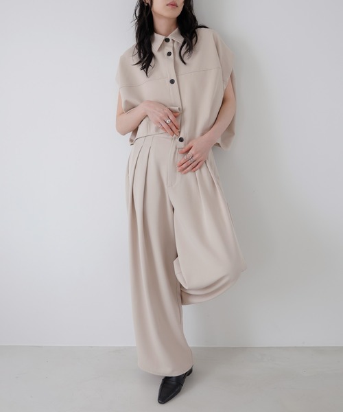 ワイドパンツ スラックス パンツ 「セットアップ対応」ツータックドレープワイドパンツ レディースの画像