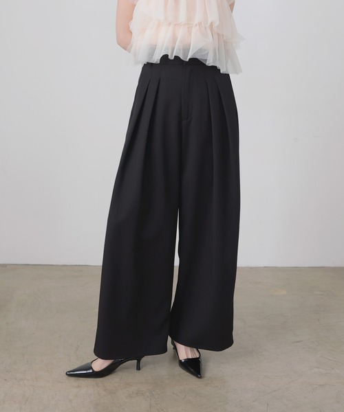 ワイドパンツ スラックス パンツ 「セットアップ対応」ツータックドレープワイドパンツ レディースの画像