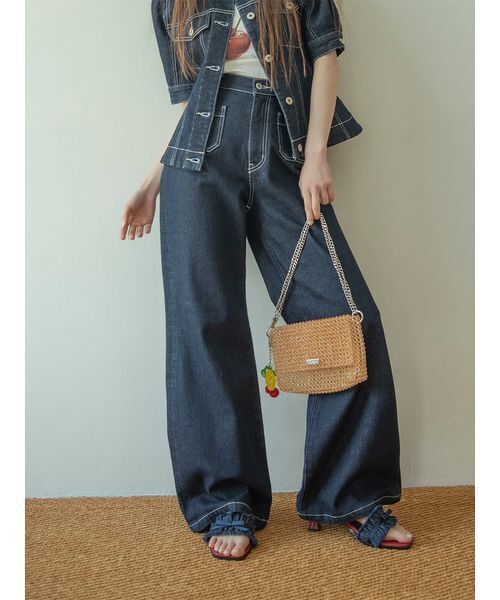 パンツ ストレッチセミフレアデニムパンツ レディースの画像