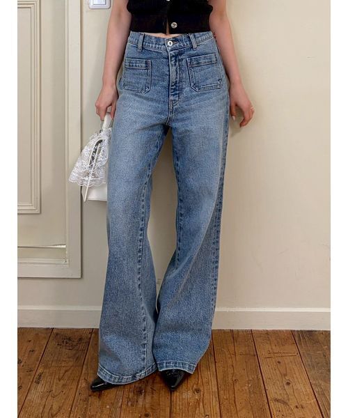 パンツ ストレッチセミフレアデニムパンツ レディースの画像