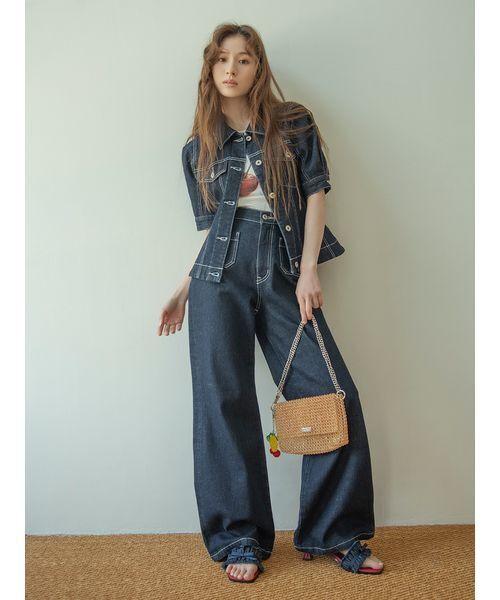 パンツ ストレッチセミフレアデニムパンツ レディースの画像