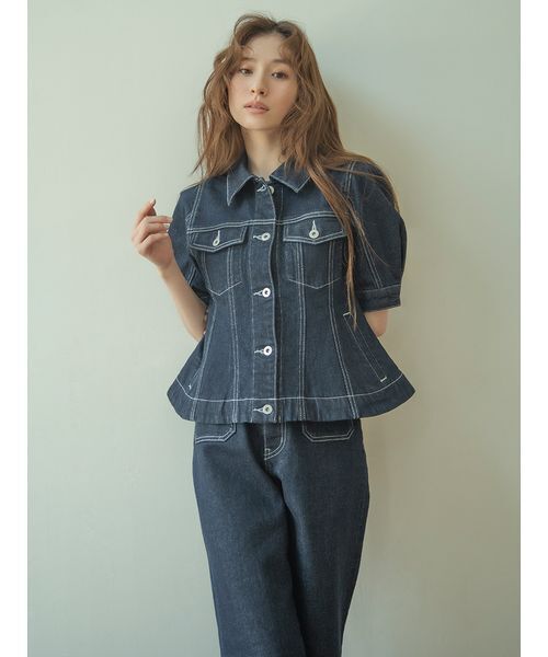 パンツ ストレッチセミフレアデニムパンツ レディースの画像